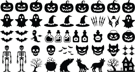 Halloween silhouette icon set, spooky vector collection with ghosts, pumpkins, bats, witches, skeletons, haunted houses, potion bottles, wolves, cauldrons, creepy trees