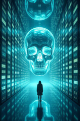 Glowing neon skull hologram hovering over a lone figure in a dark server room or data center, representing cyber threat, hacking, or data security