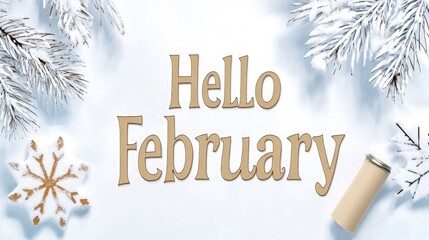 A torn yellow paper displays the friendly greeting Hello February, creating a vibrant contrast with the blue background, welcoming the new month
