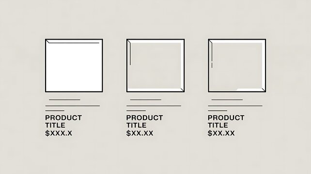 Three blank product display placeholders with text labels and price tags on a neutral background
