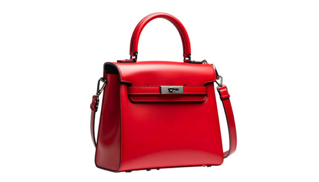 Gleaming red handbag with a top handle, flap closure, and adjustable strap, isolated on black