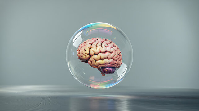 Human brain protected inside transparent bubble symbolizing mental health and protection