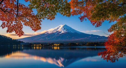 Iconic snowcapped mount fuji reflected in a calm lake surrounded by vibrant autumn foliage