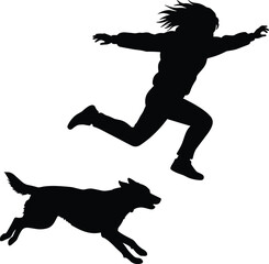  Jumping person silhouette, leaping dog companion, outdoor motion concept, playful energy, black and white vector illustration, dynamic moment, pet activity, freedom scene