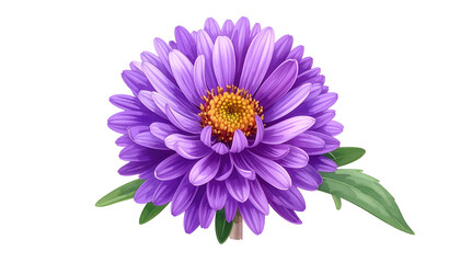 Close-up of a vibrant purple flower with yellow center and green leaves