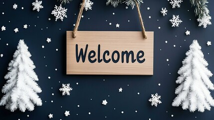 A charming welcome sign surrounded by snow, wooden stars, and cute yarn Christmas trees evokes the joy of the New Year