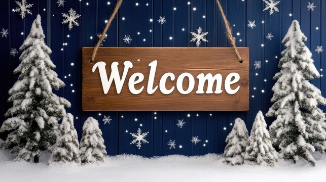 A charming welcome sign surrounded by snow, wooden stars, and cute yarn Christmas trees evokes the joy of the New Year