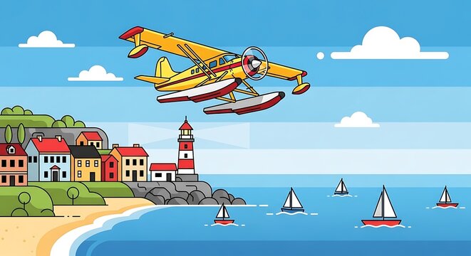 Seaplane Flying Coastal Town.