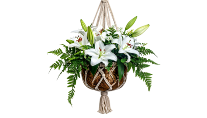 A floral display in a woven basket, hanging from a macrame holder. Flowers are white lilies