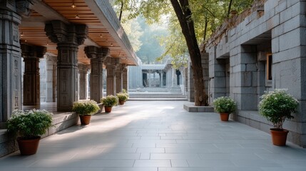 Ancient Temple Entrance With Stone Pillars And Potted Flowers In Soft Morning Sunlight Illuminating The Courtyard Path And Distant Structures