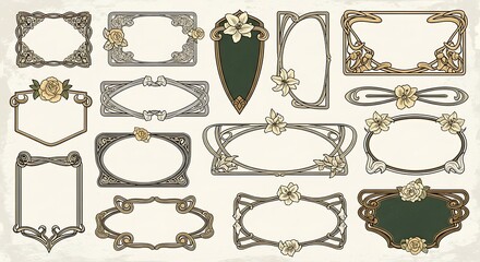 A collection of decorative art nouveau frames and borders with floral accents in various shapes and colors, perfect for graphic design projects.