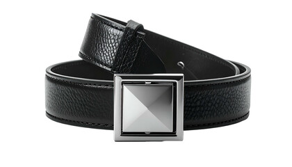 A black leather belt with a textured surface and a shiny silver square buckle