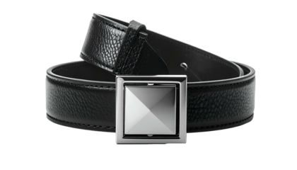 A black leather belt with a textured surface and a shiny silver square buckle