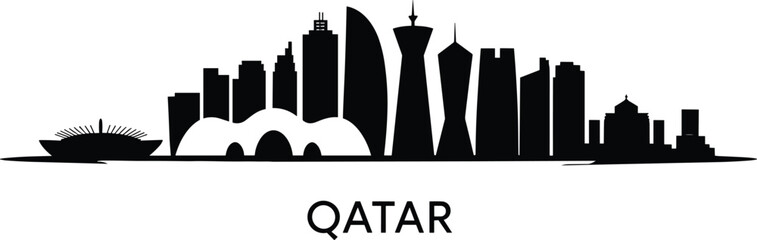 Qatar skyline silhouette illustration, Doha cityscape vector design with modern skyscrapers, traditional architecture, iconic landmarks, Middle East travel and cultural symbol