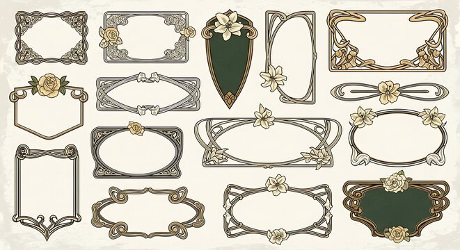 A collection of decorative art nouveau frames and borders with floral accents in various shapes and colors, perfect for graphic design projects.