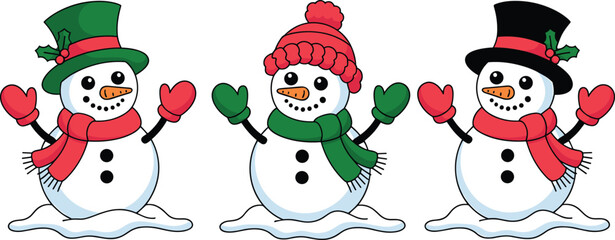 Snowman illustration set, festive Christmas character vector, winter holiday decoration, snowmen with hats, scarves, mittens, carrot noses, cheerful seasonal design