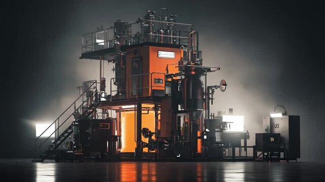 Orange industrial processing tower with catwalks and stairs, surrounded by control equipment in a dimly lit facility.