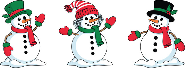 Snowman illustration set, festive Christmas character vector, winter holiday decoration, snowmen with hats, scarves, mittens, carrot noses, seasonal celebration design