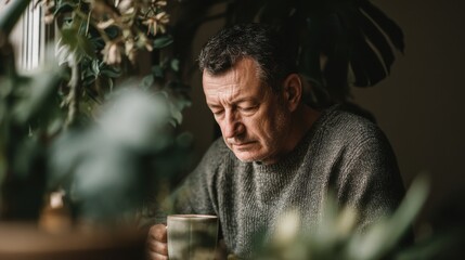 Middle-aged man at desk, closing eyes with a tea cup in hand. Office Tea Break Ritual concept