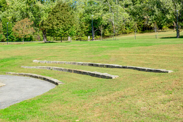 Curved stone seating steps in a sunny park meadow.