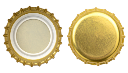 Two bottle caps, one showing the inside liner, and the other showing the gold exterior
