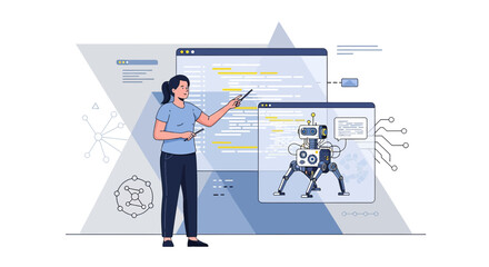 AI integration explained, educational session, demonstrating software programming with futuristic