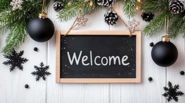 A chalkboard sign reading Welcome hangs amid a festive arrangement of snowflakes and garland on a white wood wall
