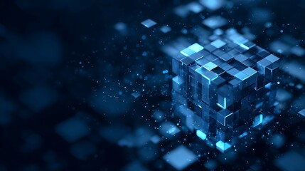 Abstract digital cube with glowing particles and data flow.