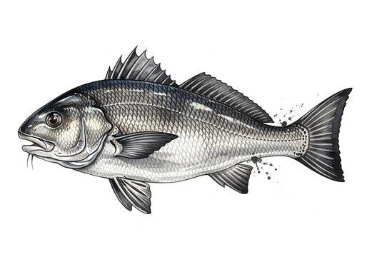 Black Drum fish watercolor, animal fish underwater life, white background
