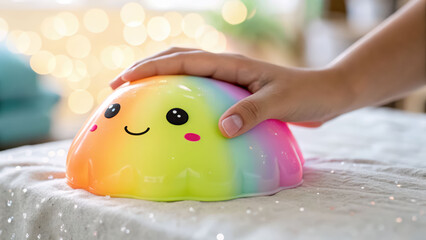Rainbow slime cute face squishy toy soft touch hand playful colorful kawaii jelly glow