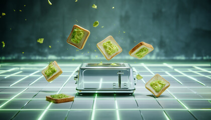 Futuristic Toaster Launching Avocado Toast Slices in Midair
