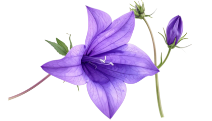 Digital rendering of a bellflower, open bloom with bud. Detailed petals and stems