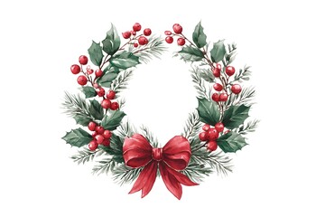 Fototapeta premium Elegant Christmas Wreath with Holly Berries and Green Leaves Accented by a Red Bow for Festive Decor