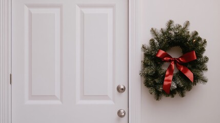 Fototapeta premium A beautifully arranged evergreen wreath with mistletoe and a red ribbon enhances the festive spirit on a white door this Christmas season