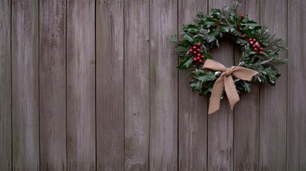 Fototapeta premium A charming Christmas wreath adorned with pinecones and a burlap bow hangs on a rustic wooden wall, creating a cozy festive atmosphere