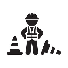 Construction worker with safety cones icon silhouette