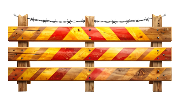 Wooden barricade with red/yellow stripes, chained posts, on black background