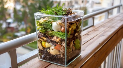 Transparent balcony composter showing layered organic waste breakdown, urban sustainability concept