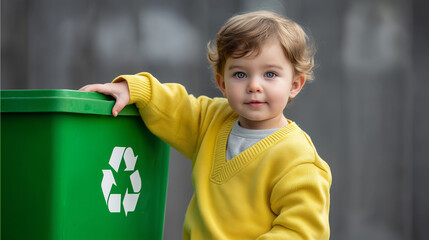Toddler holding green recycling bin outdoors