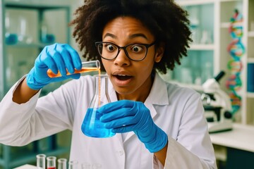 A young girl wearing a lab coat and blue gloves holding a beaker of green liquid