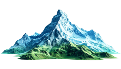 Digital rendering showing a snow-capped mountain range with grassy foreground hills