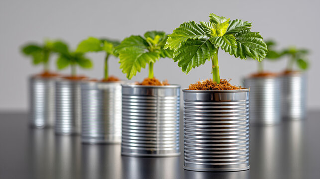 Green plants in metal cans in silver against gray background