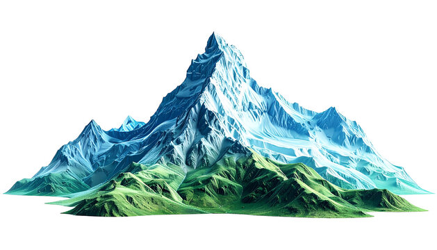 Digital rendering showing a snow-capped mountain range with grassy foreground hills