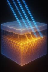 A luminous cube representing skin layers being penetrated by blue light beams.