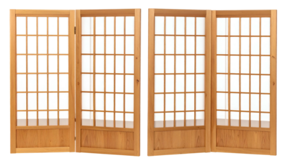 Wooden folding room dividers with a grid pattern. Each panel is partially open