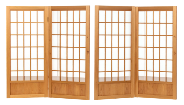 Wooden folding room dividers with a grid pattern. Each panel is partially open