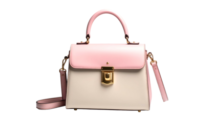 A two-toned, pink and cream leather handbag with a top handle, shoulder strap, and gold accents
