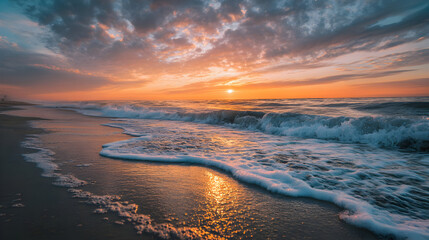 Obraz premium Golden light reflecting on ocean waves at sunset