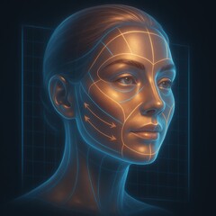 Obraz premium Woman's profile with cosmetic lines and arrows suggesting facial treatments.