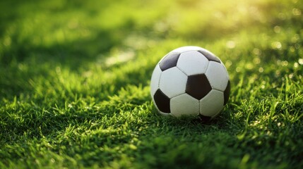 Soccer ball resting on vibrant green grass under warm sunlight, showcasing the texture of the ball and the lush environment, perfect for sports-themed visuals and outdoor activities